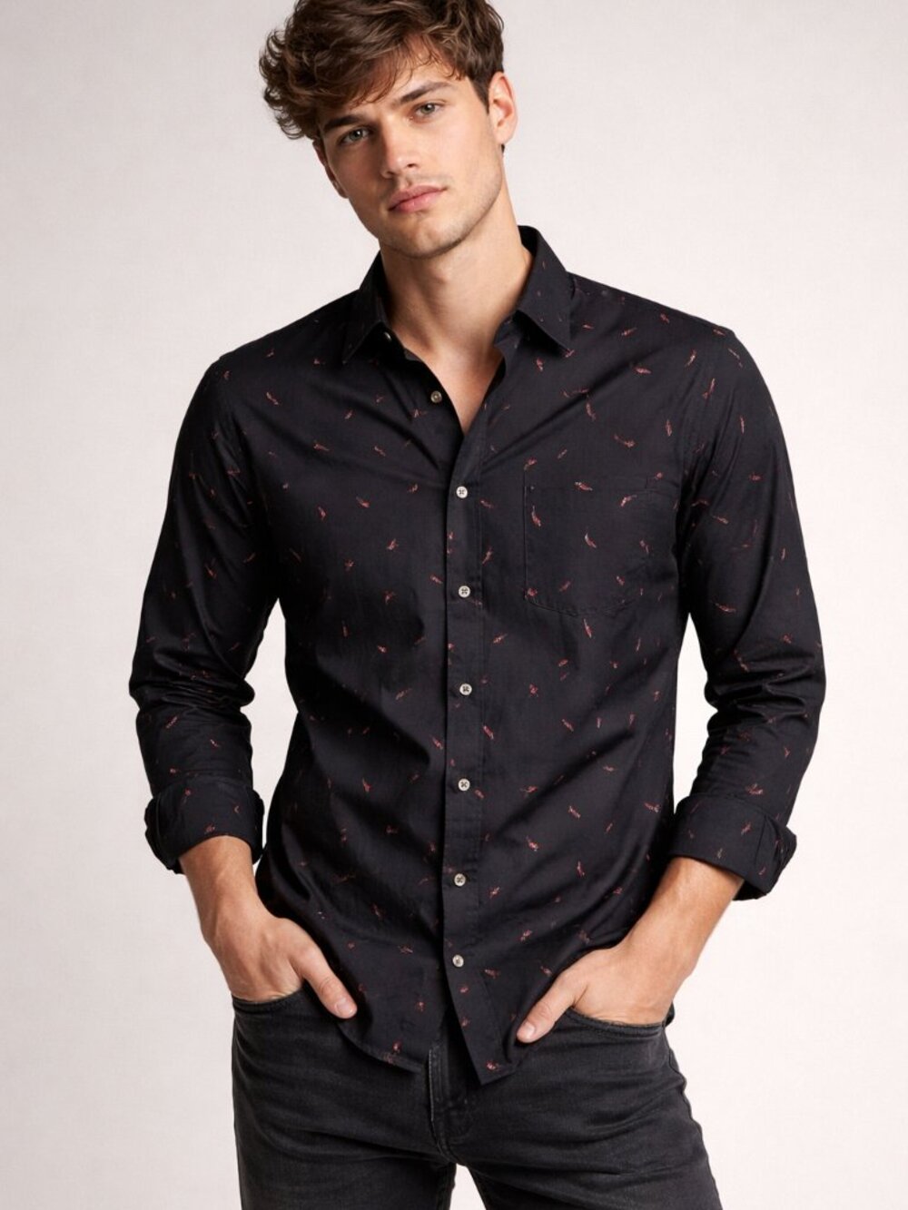 MEN'S TED BAKER SIZE 4 LARGE  BLACK KOI POISSON BUTTON UP LONG SLEEVE SHIRT